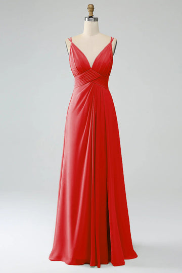 Rojo A-Line Spaghetti Trapes Plisado Gasa Largo Vestido De Dama De Honor